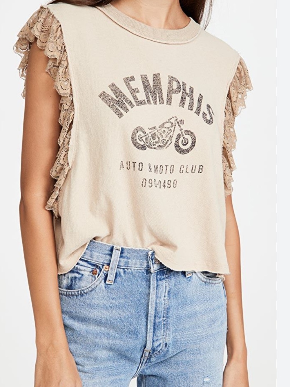 We The Free Memphis Graphic Tee Lace Sleeve Top Cream Boho Size S
